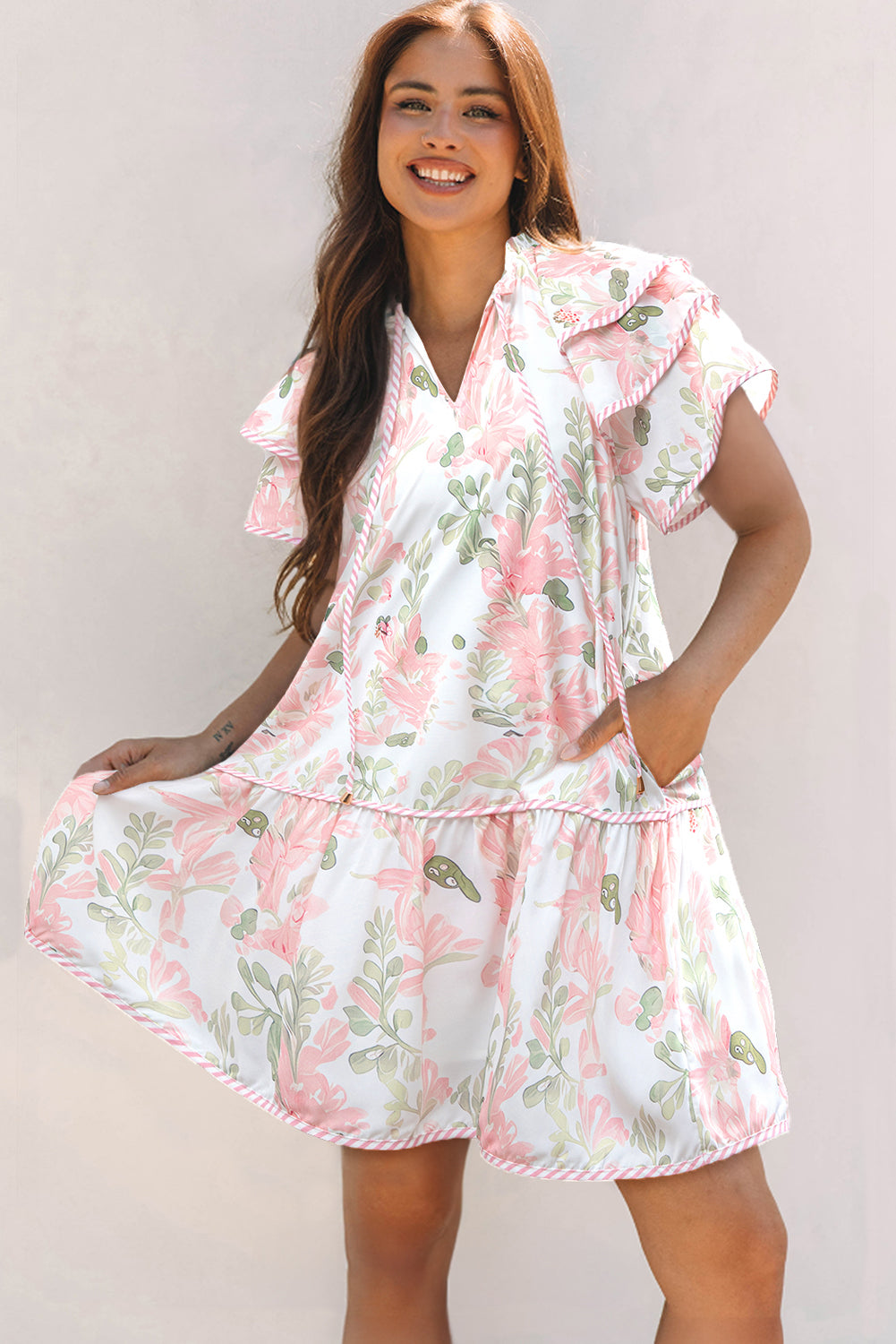 Pink Floral Contrast Edge Layered Short Sleeve Mini Dress