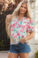 Pink Floral Print Striped Detail Split Neck Short Sleeve Blouse