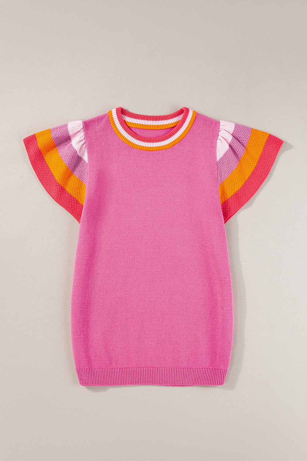 Bright Pink Contrast Flutter Sleeves Knitted Sweater T Shirt