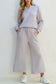 Light Grey Solid Textured Collared V Neck Top and Wide Leg Pants Set