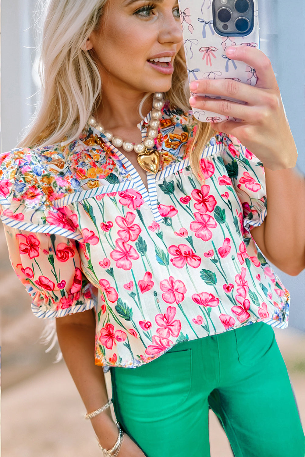 Pink Floral Print Striped Detail Split Neck Short Sleeve Blouse