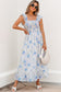 Sky Blue Floral Smocked High Waist Double Ruffle Sleeveless Long Dress