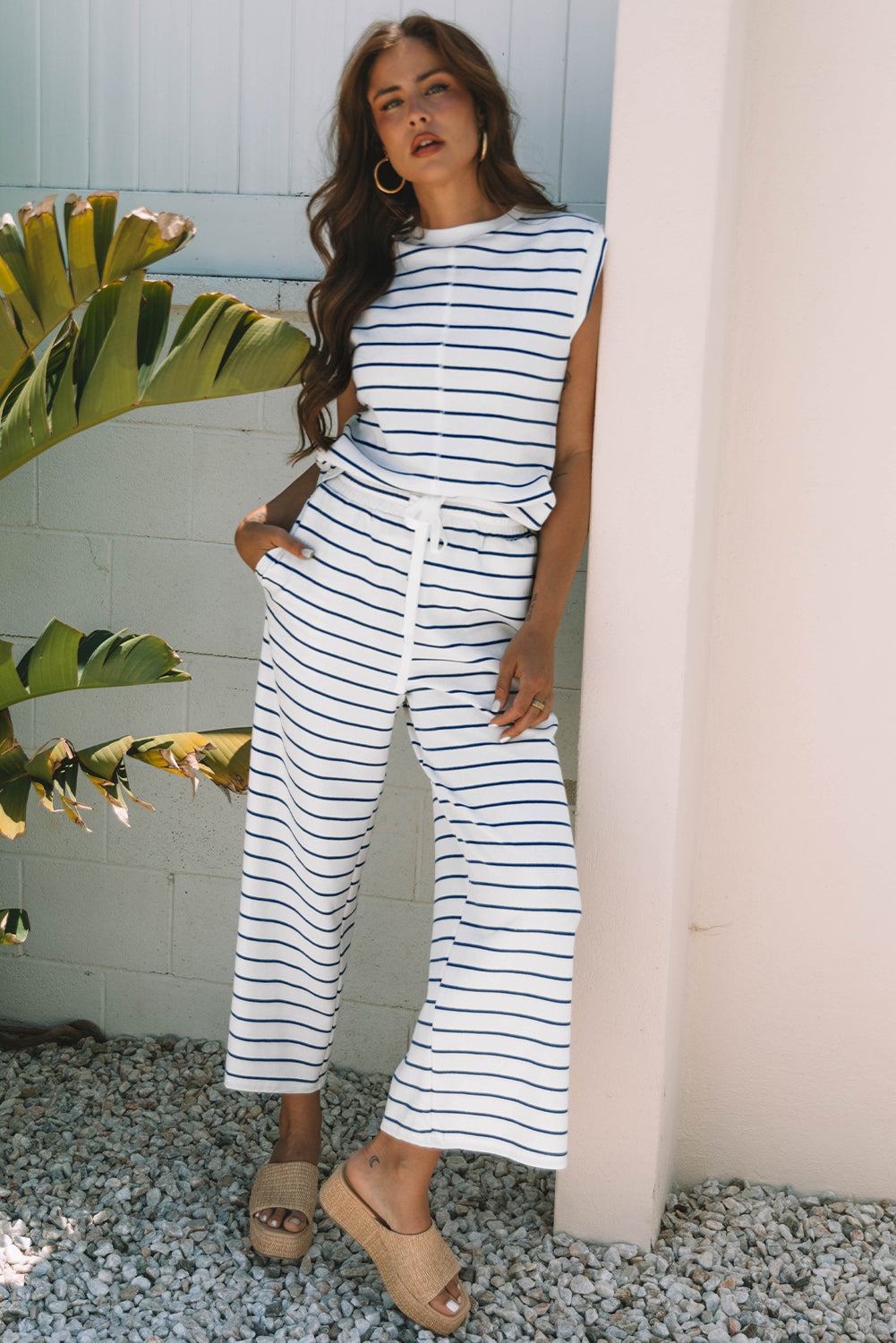 Sail Blue Casual Wide Leg 2pcs Pants Set