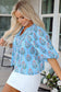 Sky Blue Floral Striped Print Shirred Yoke Split Neck Blouse