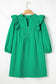 Bright Green Embroidered Ruffled Trim 3/4 Sleeve V Neck Mini Dress