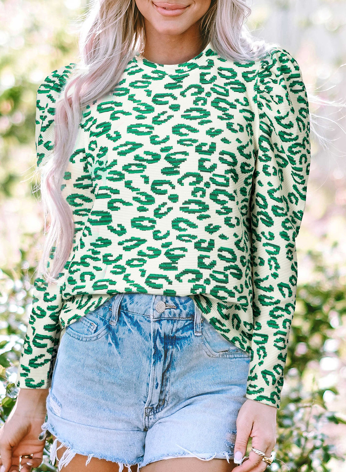 Blackish Green Leopard Print Mock Neck Puff Sleeve Top