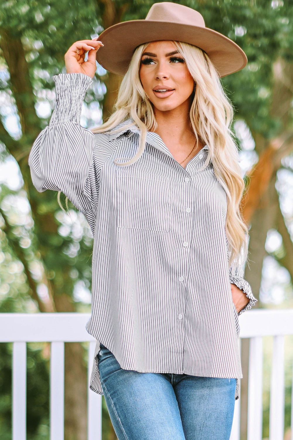 Smocked Cuffed Striped Boyfriend Shirt with Pocket