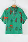 Bright Green Floral Print Buttoned V Neck Short Sleeve Blouse