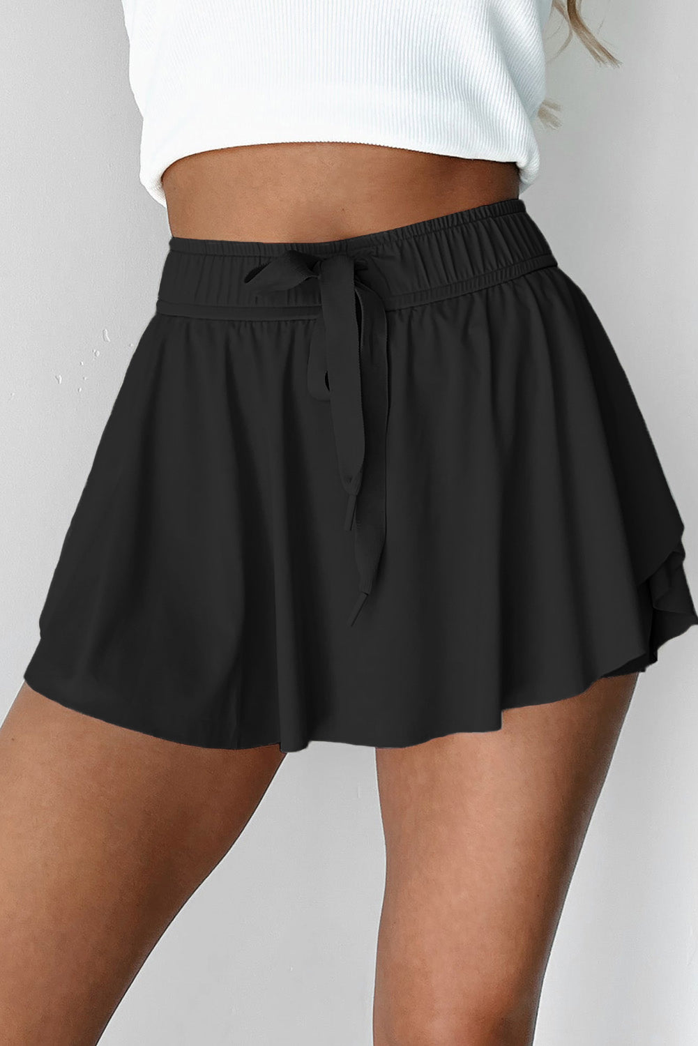 Black Drawstring High Waist Lined Tennis Skorts