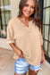 Parchment Textured Knit Split Neck Cuffed Short Sleeve Top