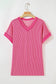Rose Red Twisted Ribbed Knit V Neck Casual Tee