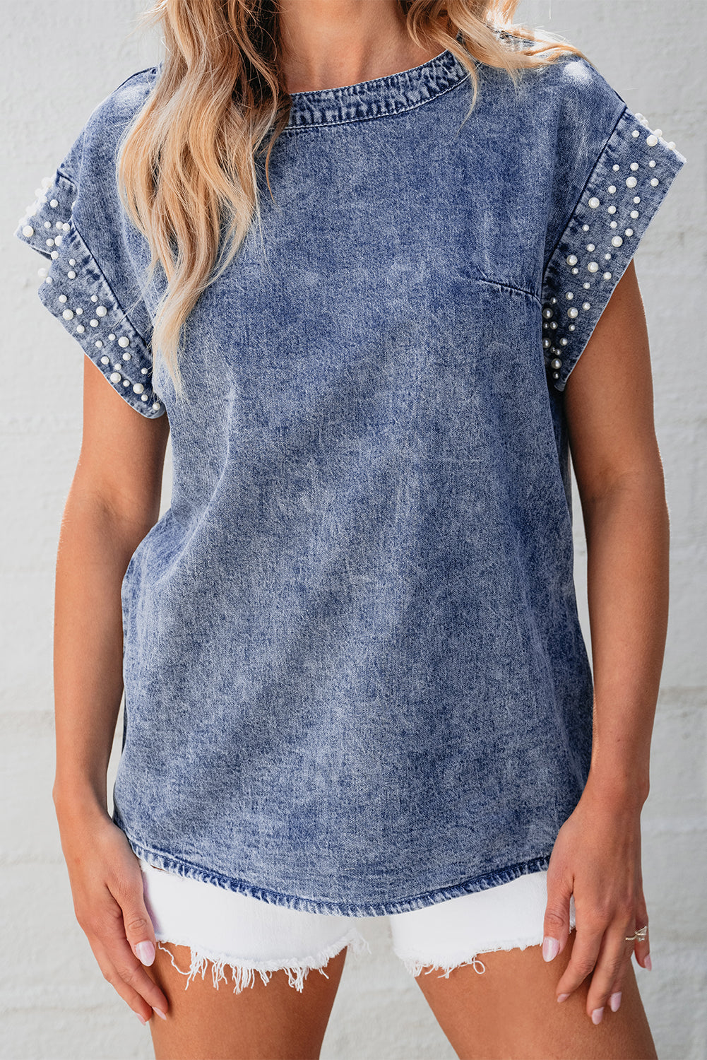 Dusk Blue Acid Wash Pearl Embellishments O-neck Denim Top