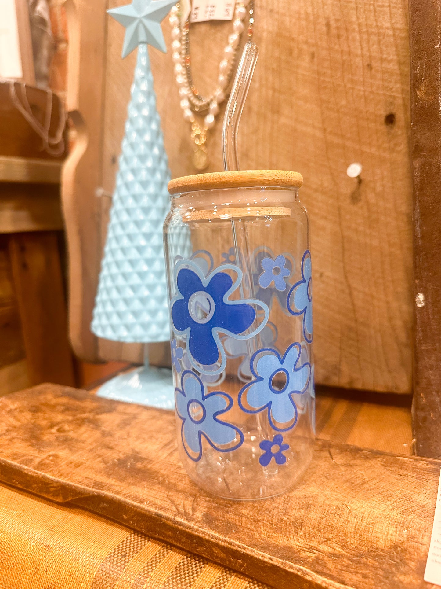 Blue Floral Glass Cup