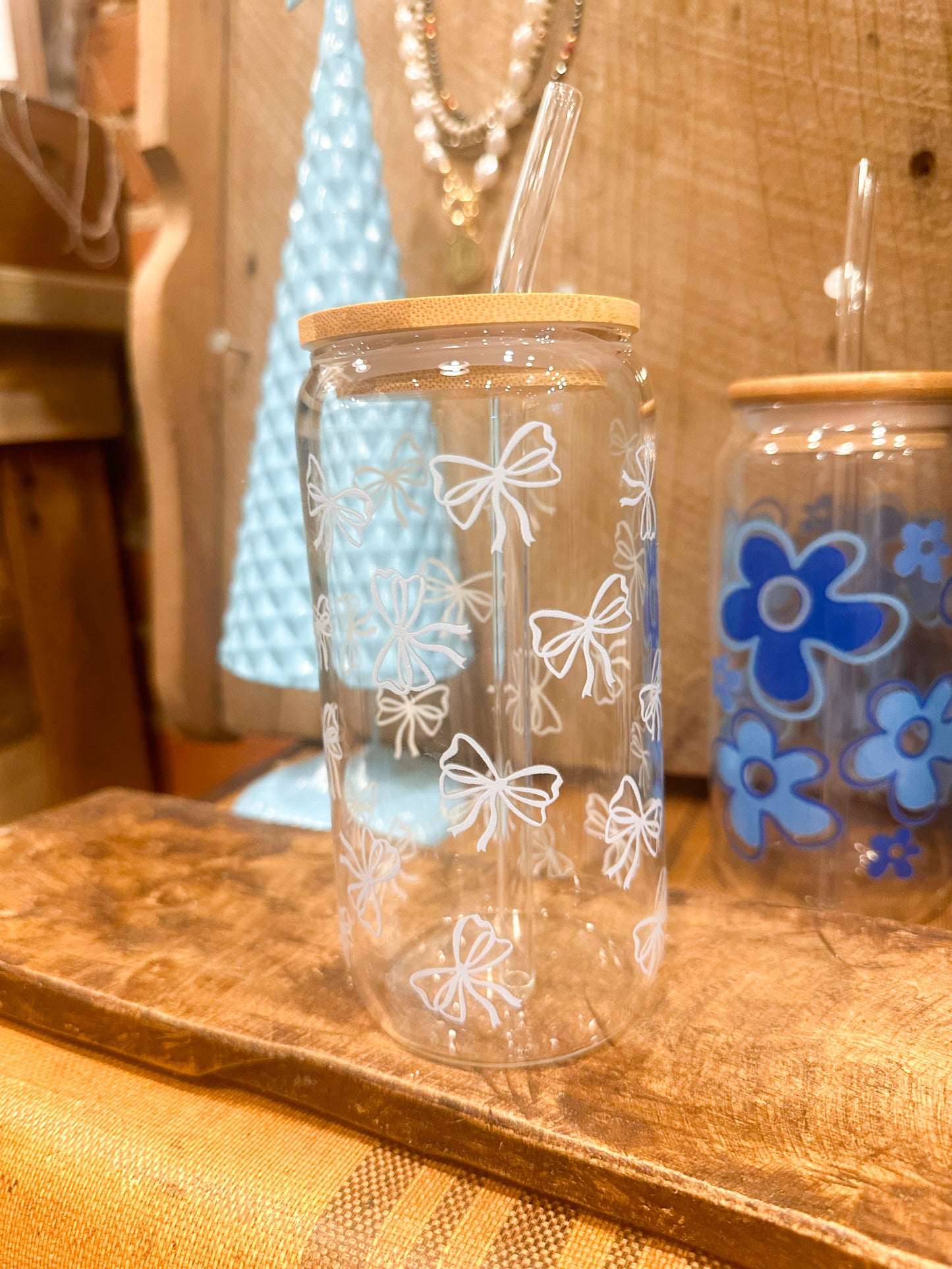 Baby Blue Bow Glass Cup