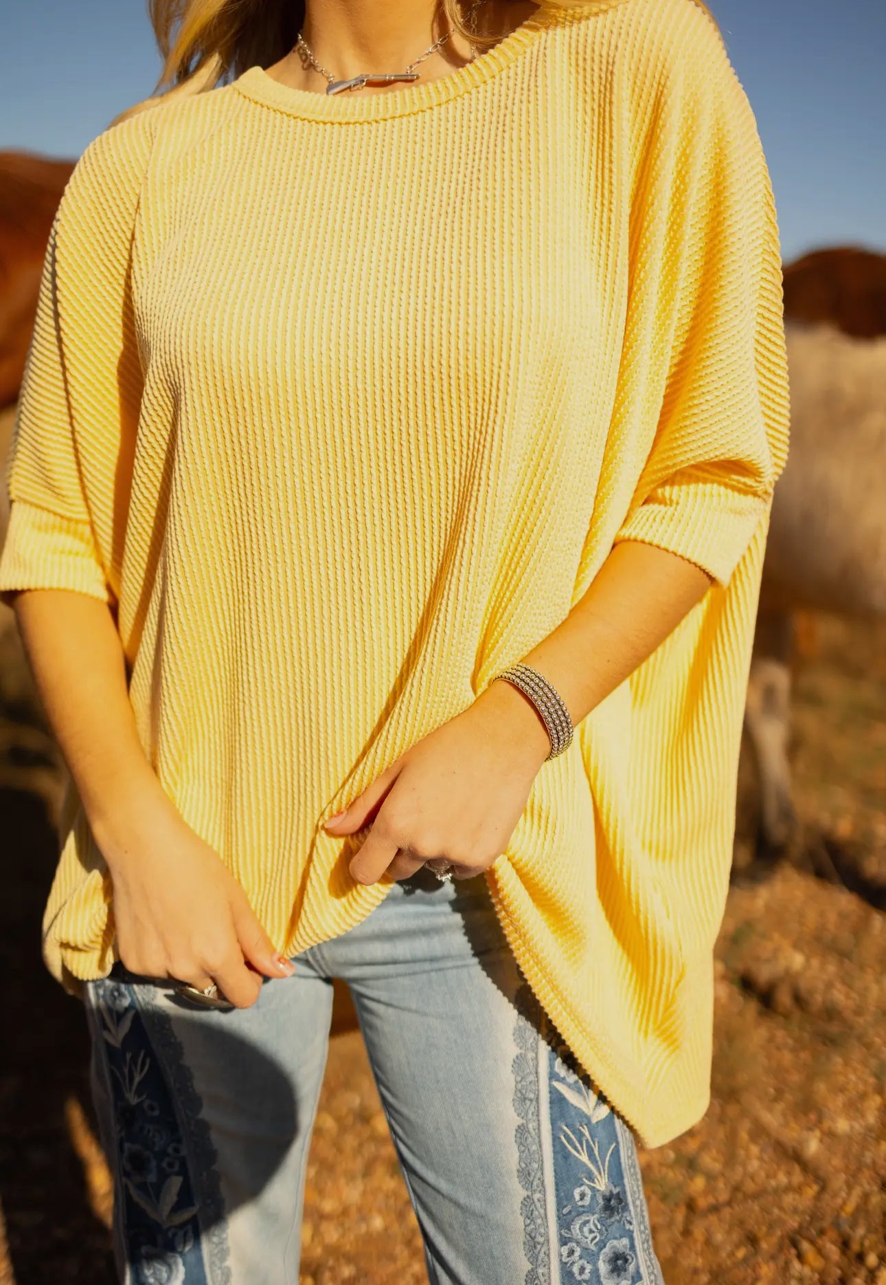 Spring Yellow Oversized Ribbed Top