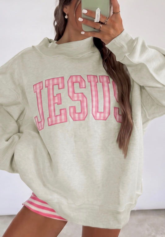 Pink Gingham Jesus Mock Neck Sweatshirt