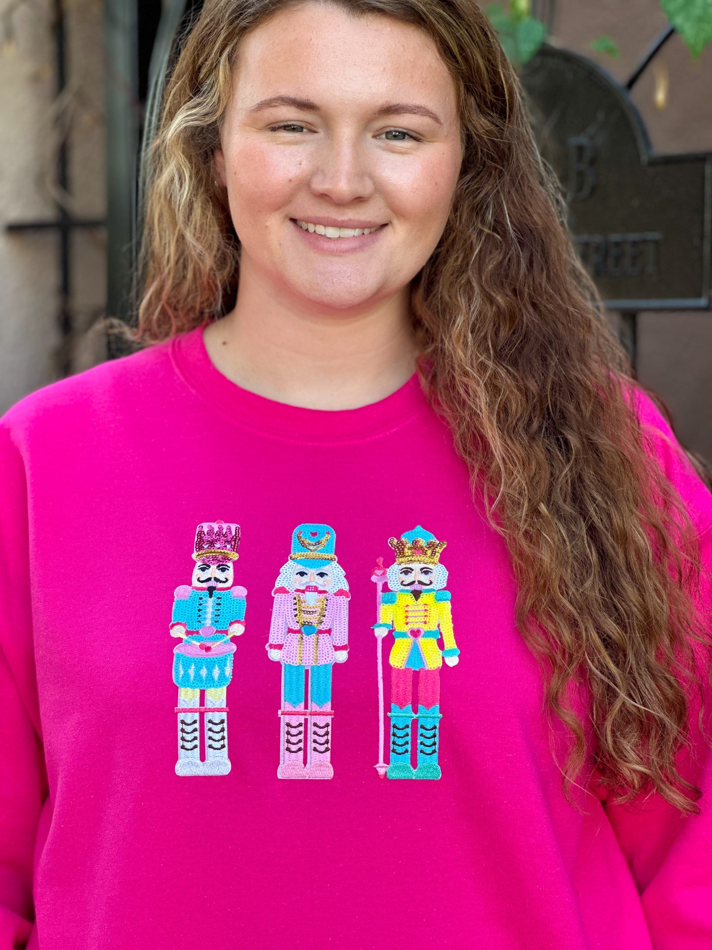 Preppy Sequin Patch Nutcracker Sweatshirt HOT PINK