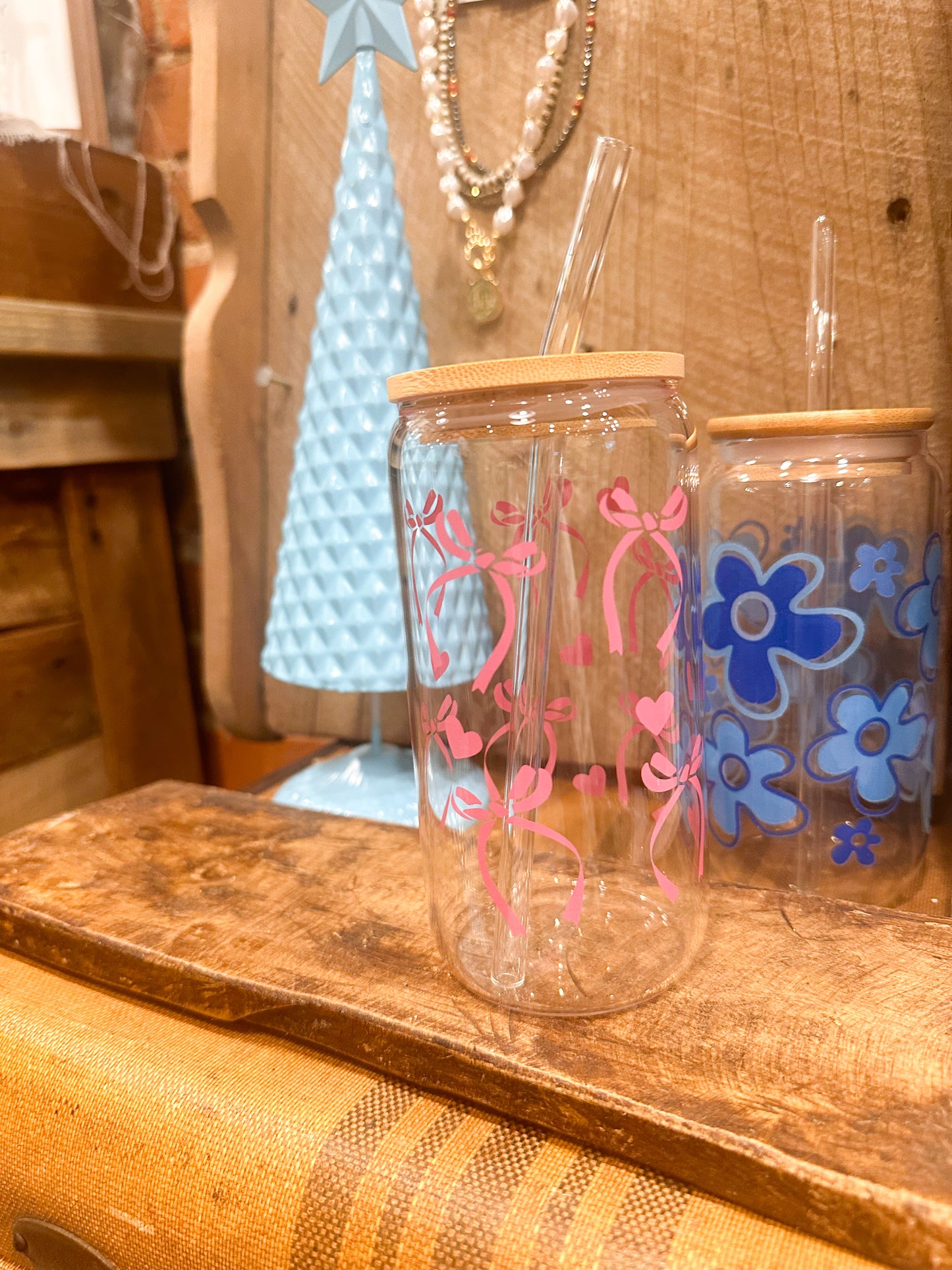 Pink Bow & Hearts Glass Cup