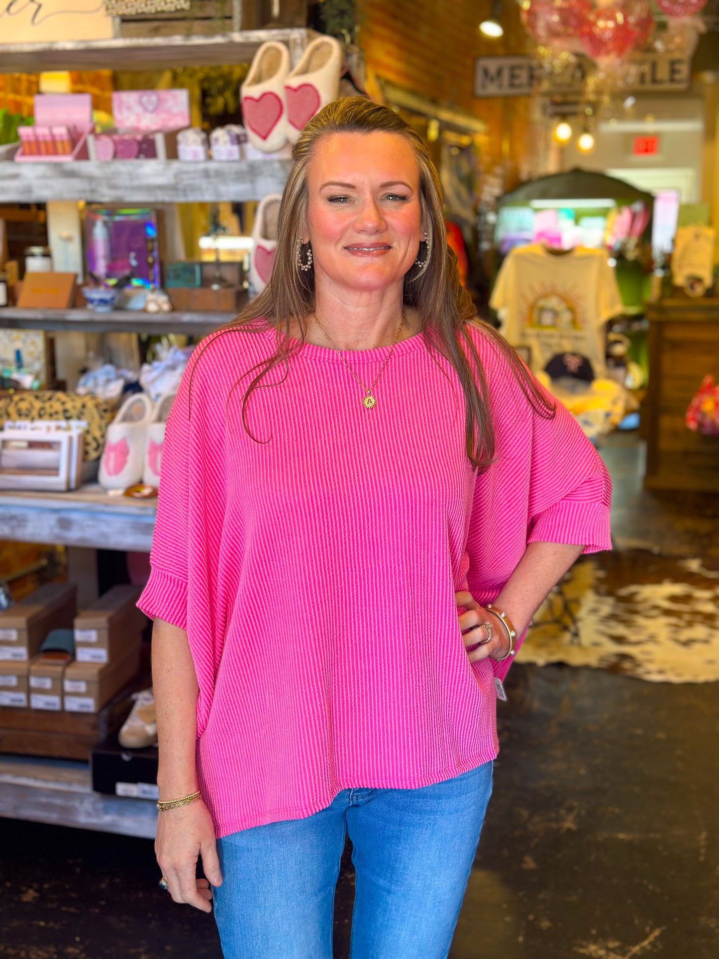 Preppy Pink Oversized Ribbed Top