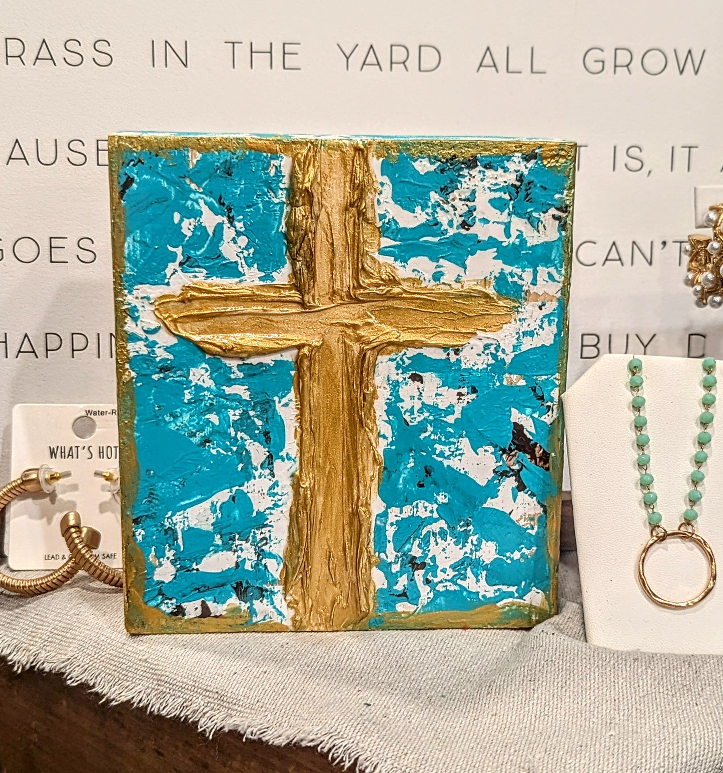 Old Rugged Cross on Turquoise Textured Block