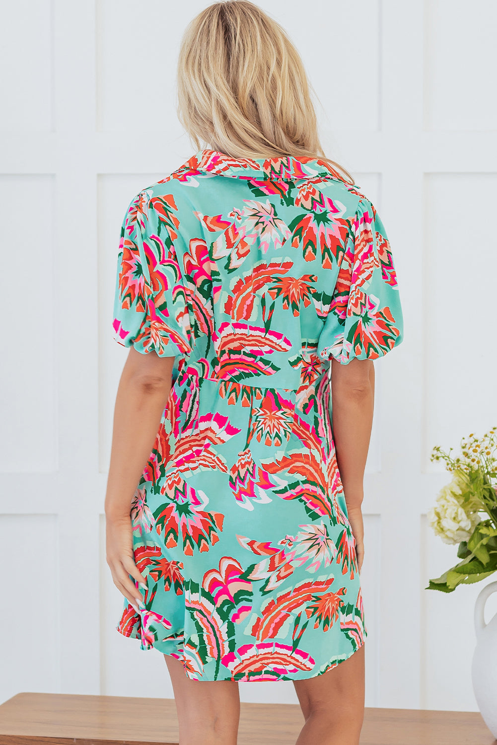 Green Abstract Print Lace-up High Waist Buttoned Mini Dress