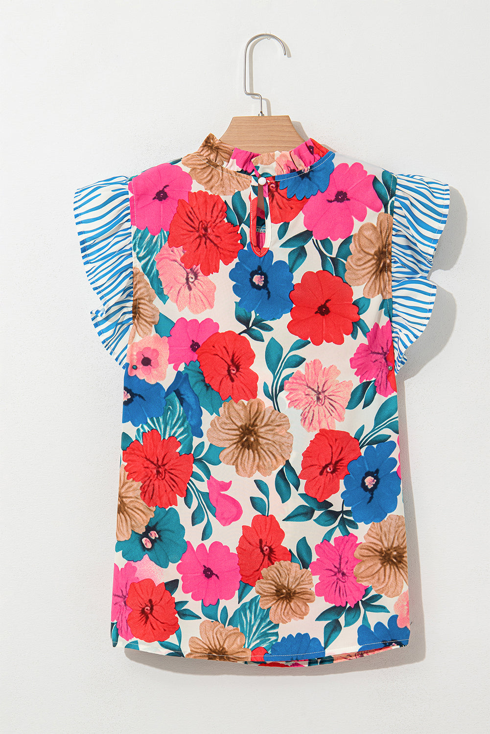 Sky Blue Floral Mock Neck Striped Flutter Sleeve Blouse