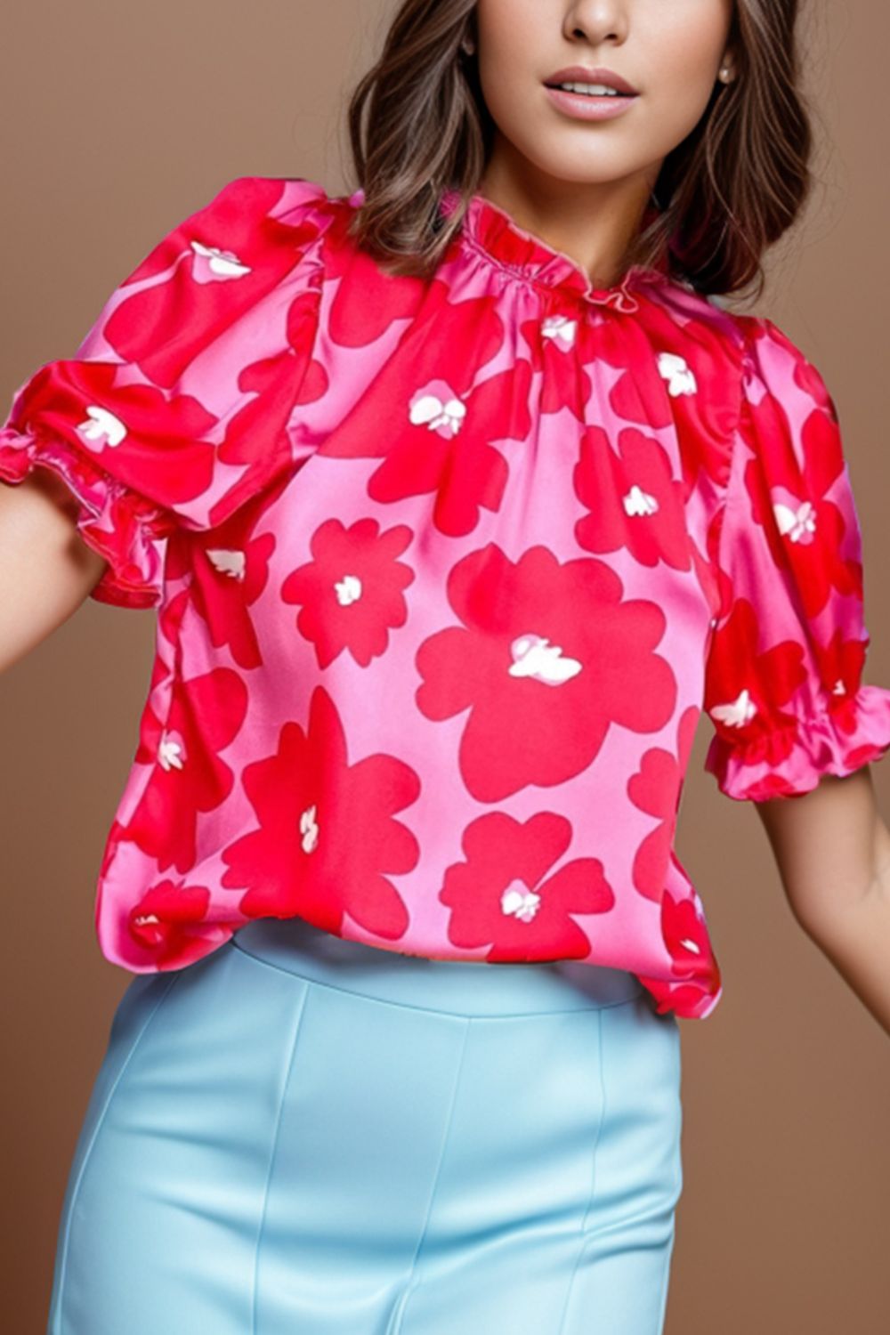 Ruffled Printed Mock Neck Short Sleeve Blouse