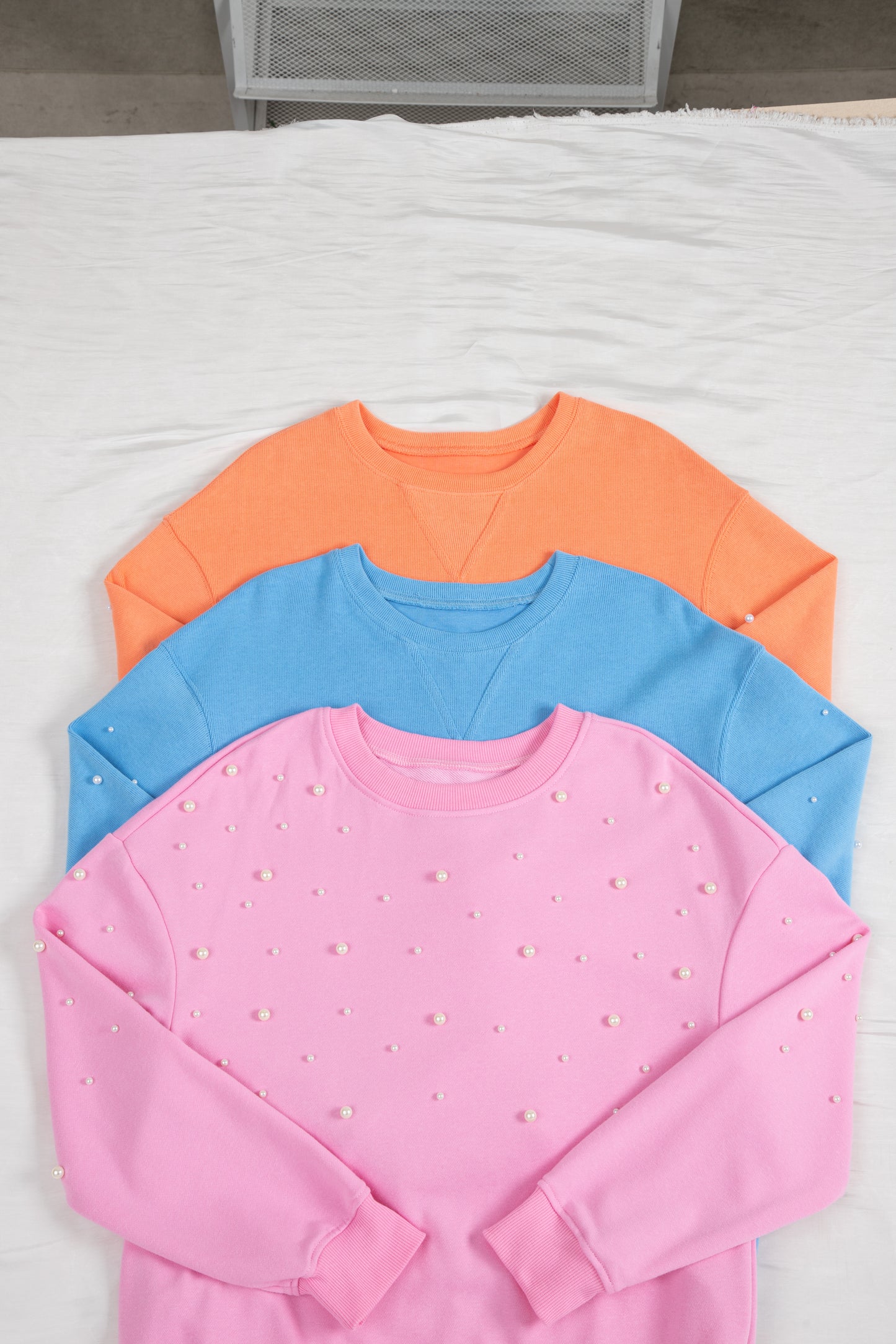 Myosotis Pearled Sleeves Drop Shoulder Round Neck Pullover Sweatshirt