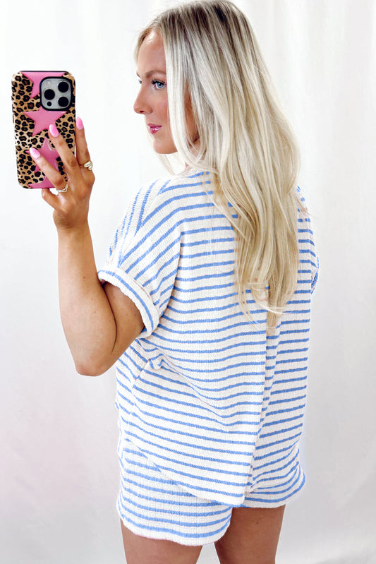 Sky Blue Stripe Knitted Short Sleeve Top and Drawstring Shorts Set