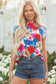 Sky Blue Floral Mock Neck Striped Flutter Sleeve Blouse