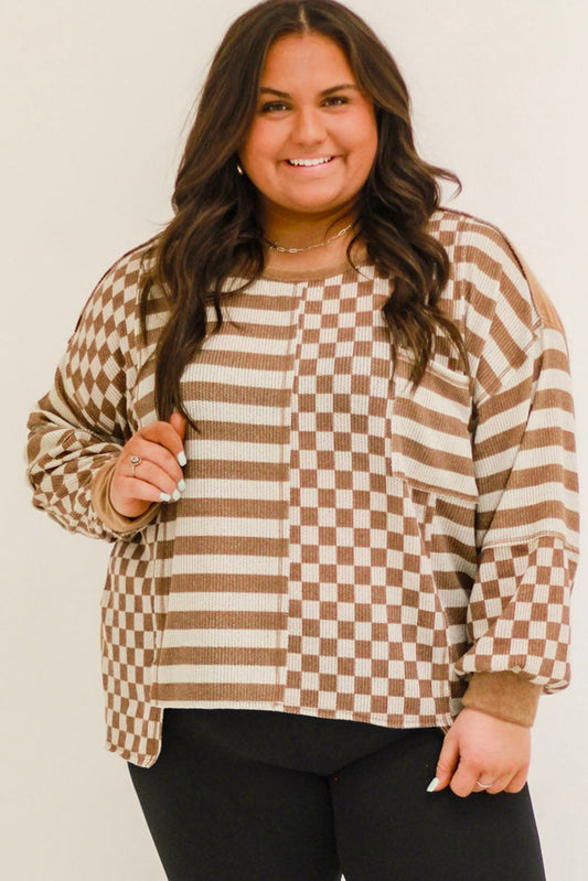 Khaki Striped Checkered Mixed Print Chest Pocket Casual Plus Size Top