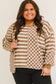 Khaki Striped Checkered Mixed Print Chest Pocket Casual Plus Size Top