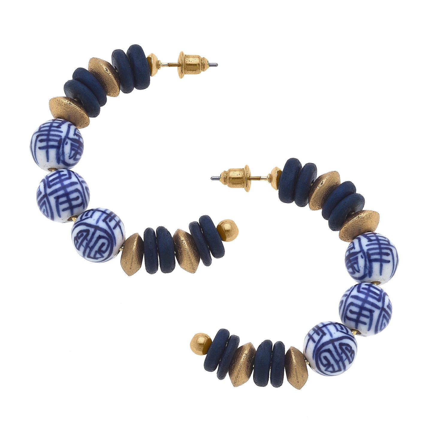 Britt Chinoiserie & Painted Wood Hoop Earrings in Navy