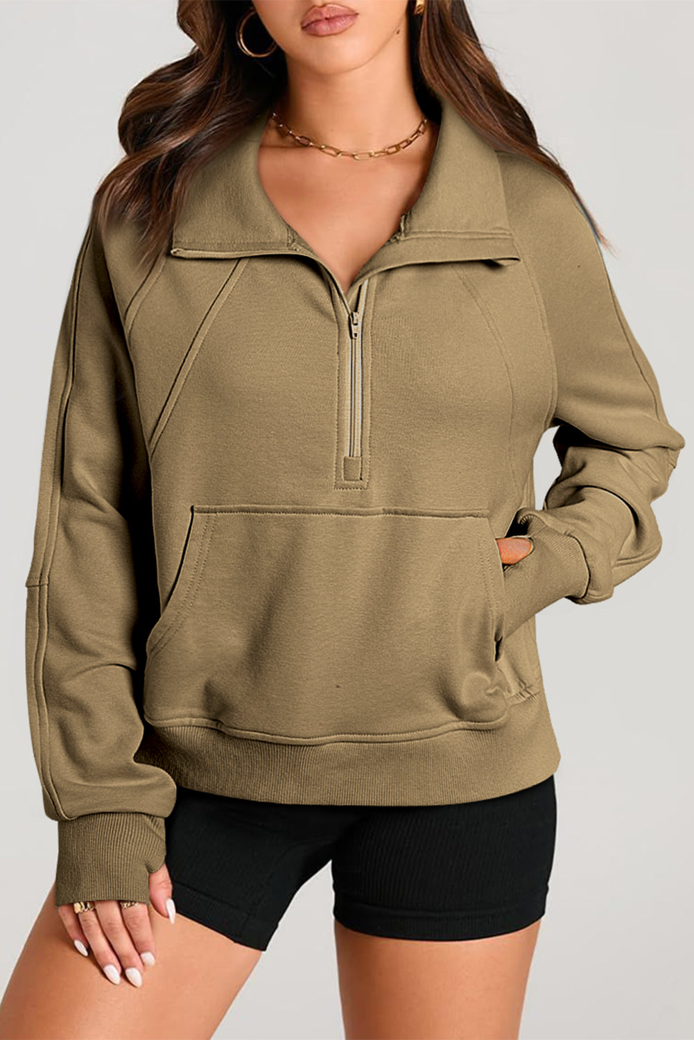 Brown Quarter Zip Stand Neck Kangaroo Pocket Sweatshirt