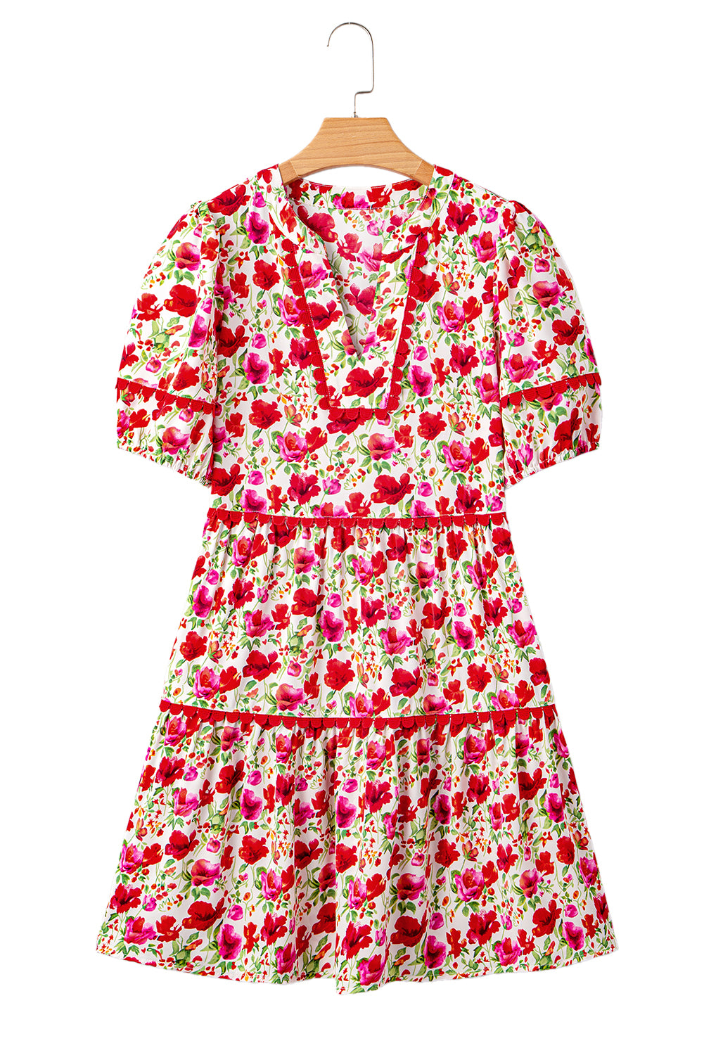 Red Floral Puff Sleeve Tiered Ric Rac Pocketed Mini Dress