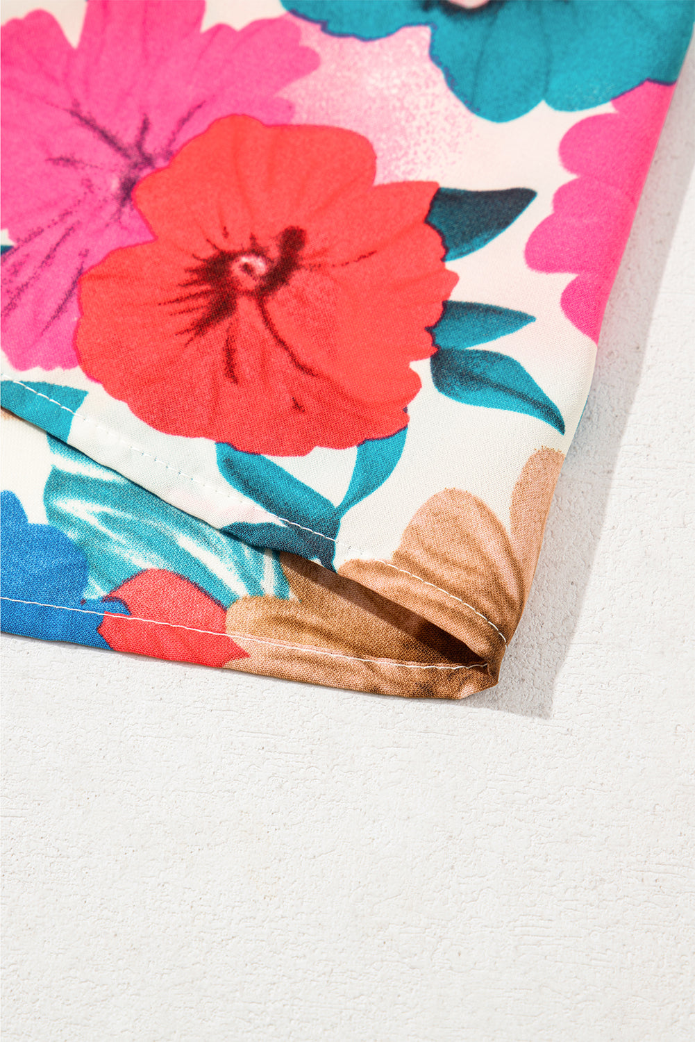 Sky Blue Floral Mock Neck Striped Flutter Sleeve Blouse