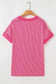 Rose Red Twisted Ribbed Knit V Neck Casual Tee