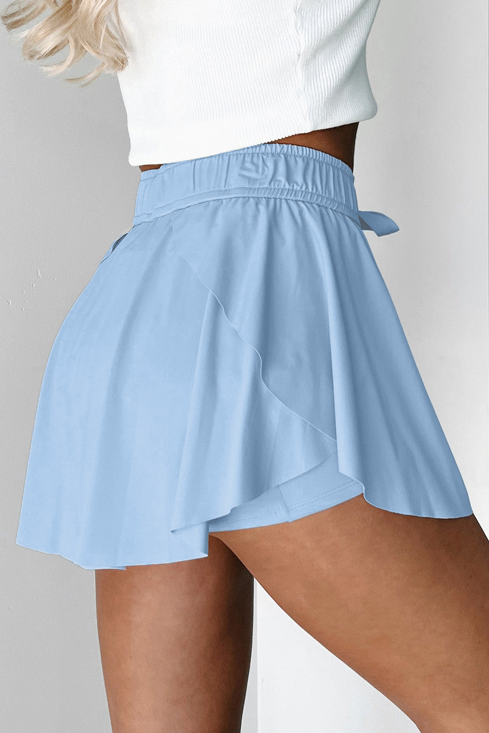Sky Blue Drawstring High Waist Lined Tennis Skorts