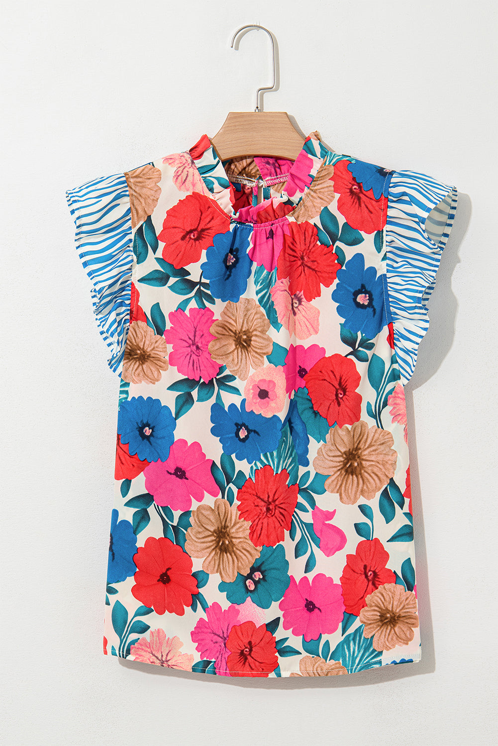 Sky Blue Floral Mock Neck Striped Flutter Sleeve Blouse