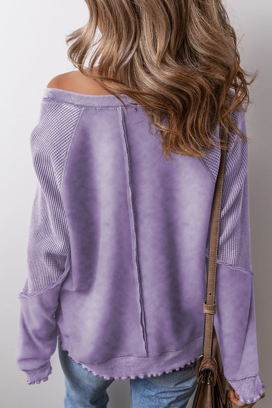 Orchid Petal Solid Waffle Knit Patchwork Raglan Sleeve Sweatshirt