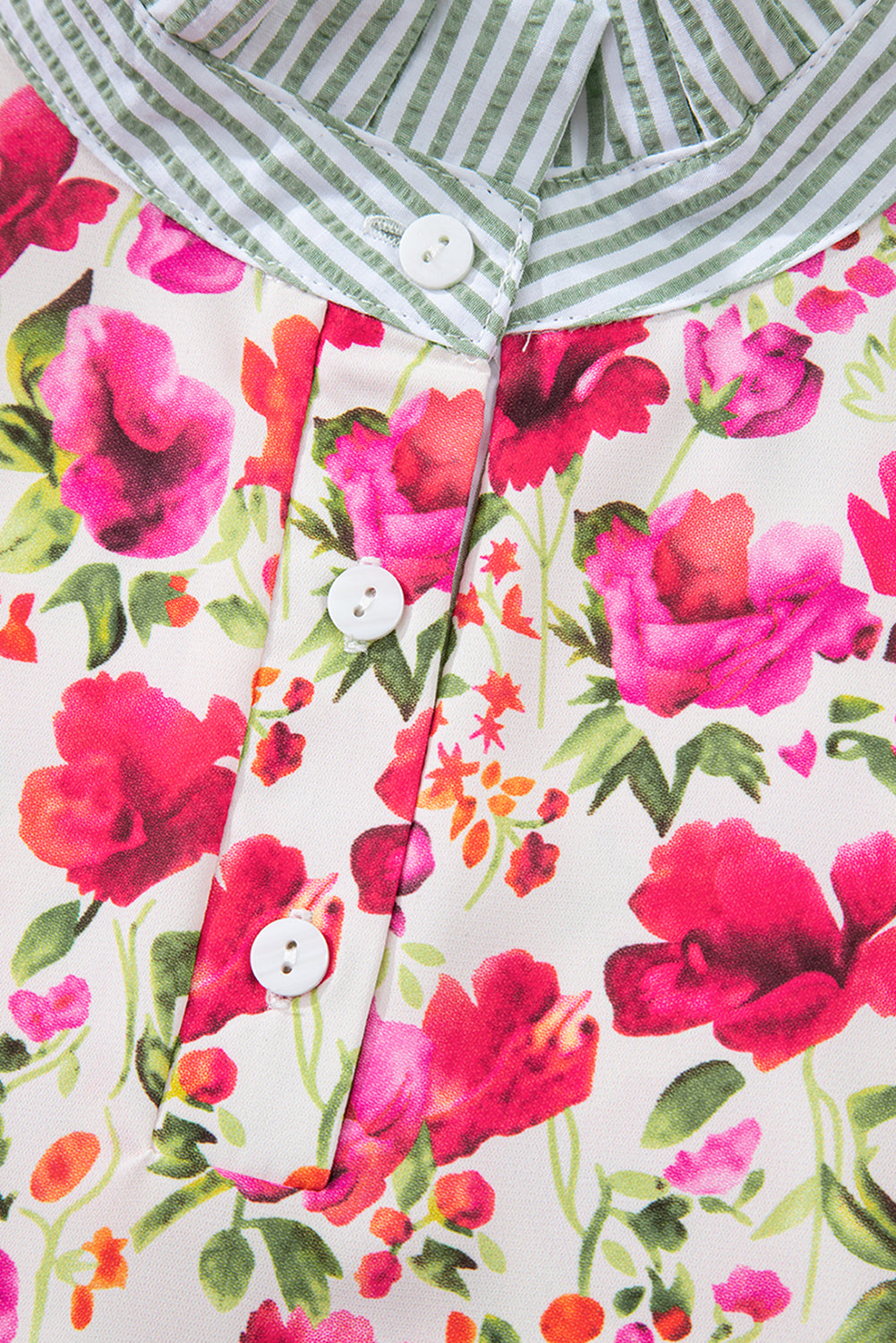 Red Floral Print Striped Patchwork Collared Short Sleeve Blouse