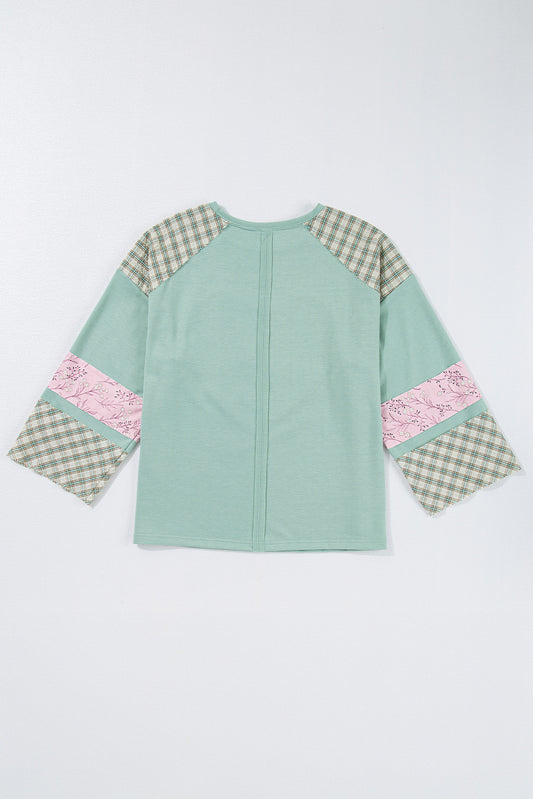 Clearly Aqua Plaid Floral Peace Heart Graphic Wide Long Sleeve Top