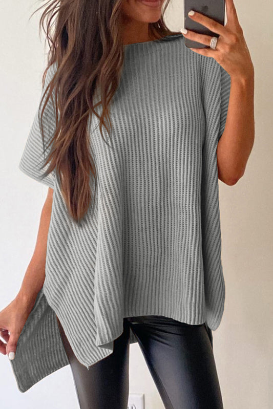 Gray Short Sleeve Side Slit Oversized Sweater