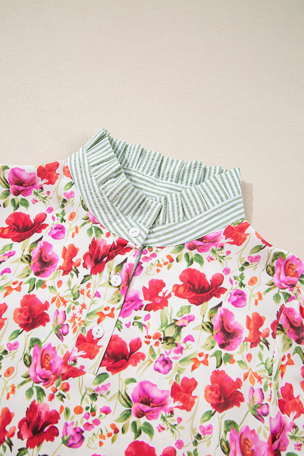 Red Floral Print Striped Patchwork Collared Short Sleeve Blouse