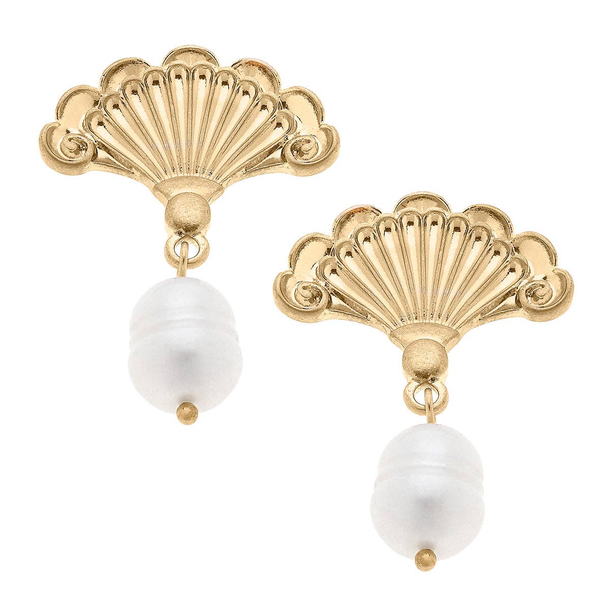 Brigitte French Fan & Pearl Drop Earrings in Worn Gold