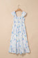 Sky Blue Floral Smocked High Waist Double Ruffle Sleeveless Long Dress