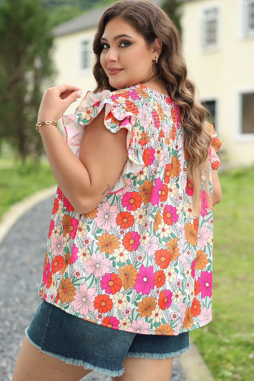 Multicolour Plus Floral Notched Neck Ruffle Sleeve Blouse