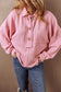 Pink Ribbed Knit Collared Henley Top with Chest Pocket