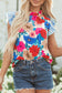 Sky Blue Floral Mock Neck Striped Flutter Sleeve Blouse
