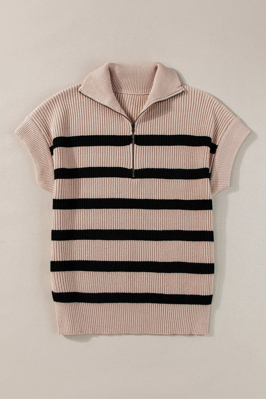 Khaki Stripe Zipped Collar Short Sleeve Sweater